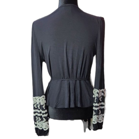 ❤️2/$18 Blue Rain Black Tie Front Warp up Cardigan Cover-Up Top S - Picture 4 of 9